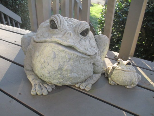 Two Lightweight Bullfrog Yard Art Sculptures: approx. 10"h and 4"h, larger frog has hole in toe, Local Pickup Only 