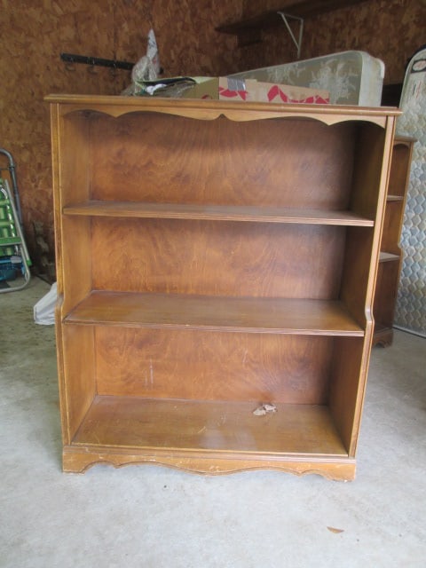 Walnut Veneer 3 Tier Wood Bookcase: 29 3/4" x 10 1/2" x 36 1/4", bottom of bookcase is deeper than top, some scratches, Local Pickup Only 