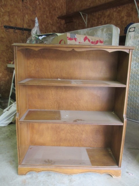 Walnut Veneer 3 Tier Wood Bookcase: 29 3/4" x 10 1/2" x 36 1/4", bottom of bookcase is deeper than top, some scratches, Local Pickup Only 