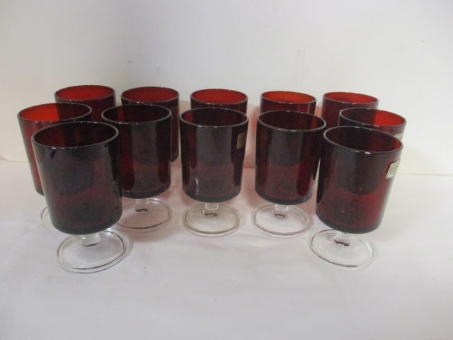Set of 12 Vintage Luminarc "Cavalier" Ruby Red Short-Stemmed Cordial Glasses: 4" each, made in France, many still with stickers 