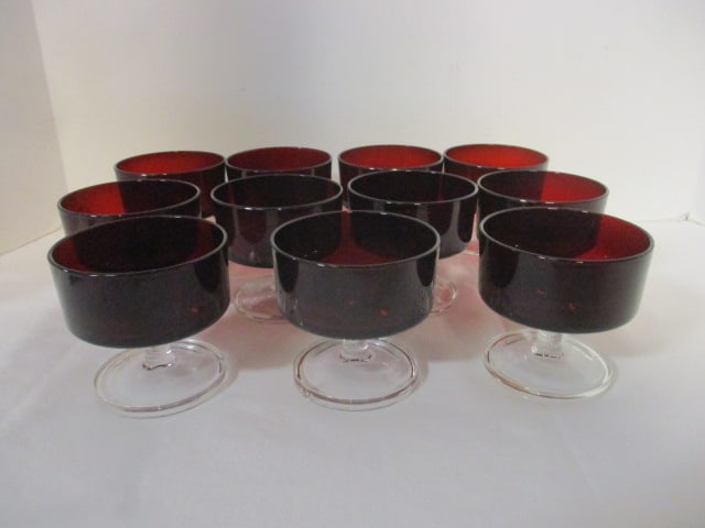 Set of 11 Vintage Luminarc "Cavalier" Ruby Red Short-Stemmed Champagne: Coupe or Sherbet Glasses, 3 1/4" each, made in France 