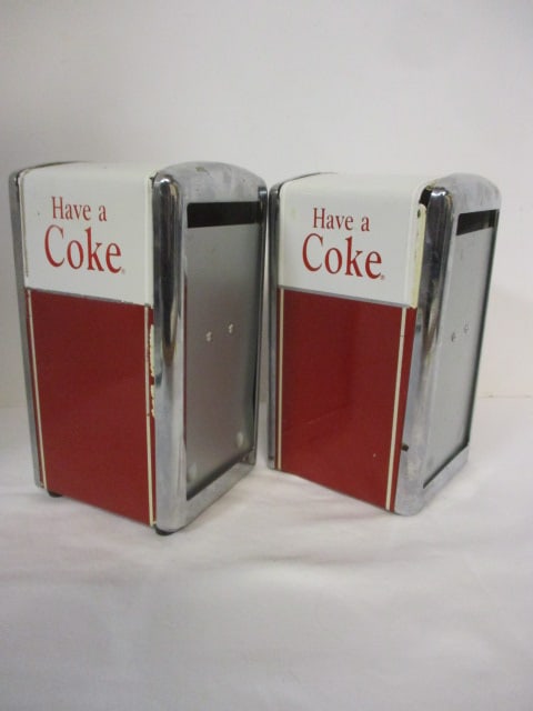 2 Coca-Cola Metal Diner Napkin Dispensers: 7 1/2" inch, nicks and wear 