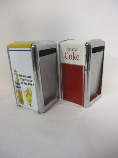 Coca-Cola and Fanta Metal Diner Napkin Dispensers: 7 1/2" inch, nicks and wear 