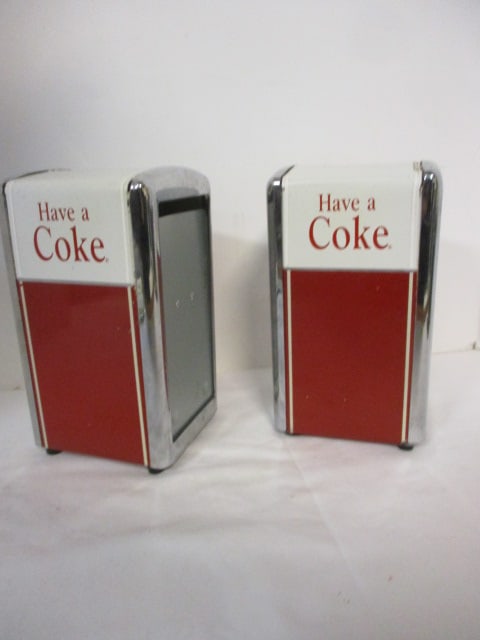 2 Coca-Cola Metal Diner Napkin Dispensers: 7 1/2" inch, nicks and wear 