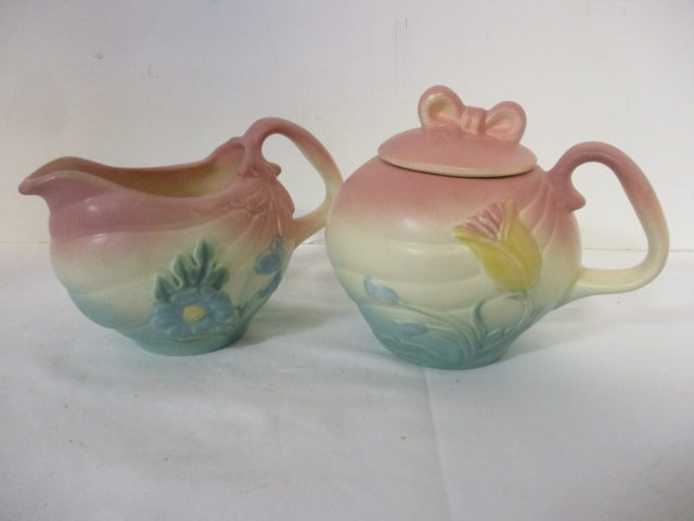 Vintage Hull Art Pottery "Bow Knot" Sugar and Creamer Set: 3 3/4" and 5" 