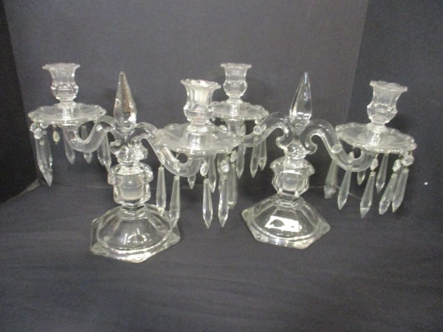 Pair of Vintage Heisey "Old Williamsburg"? Cut Crystal Candelabras with Prisms: 13" x 11" each 