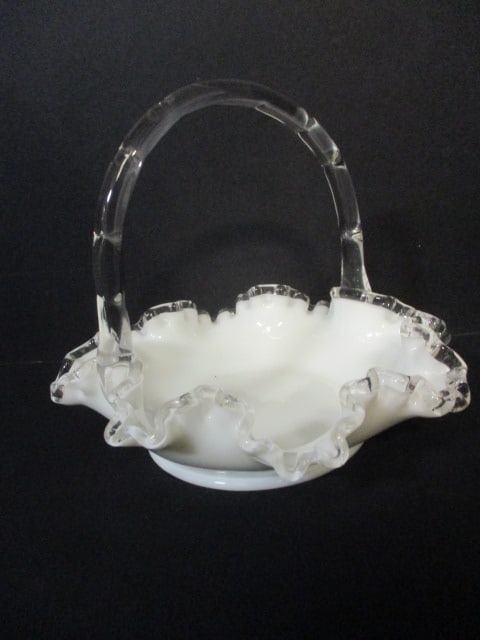 Vintage Fenton "Silvercrest" Milk Glass Basket: 6 3/4" x 7" (to handle), has label "bought Feb 1998 Gatlinburg" 