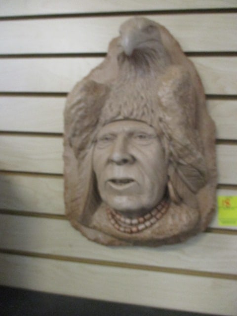Signed Stonehead Pottery Ceramic Native American and Eagle Wall Sculpture: 19", see pictures and preview for signature 