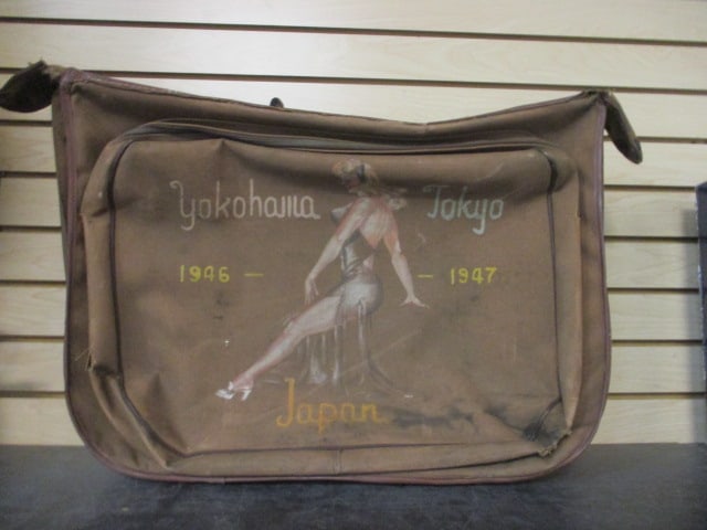 WWII Greenville, SC Native Soldier's Handpainted Pin-Up Girl Garment Bag Suitcase: Bag has Handpainted double side designs-one side Yokohama 1946 Tokyo 1947 Japan under Pin-Up Girl in Negligee Other side Hunter B. Jones Cow Girl Pin-Up Greenville, SC with Service ID Number. Has some