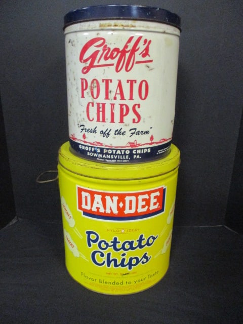 2 Vintage Potato Chip Advertising Cans: 10" and 11", some rust and wear 