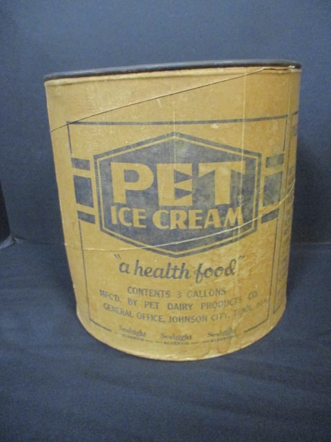 Vintage "Pet Ice Cream" Cardboard and Metal Container: 9 3/4", no lid, some tears and wear 