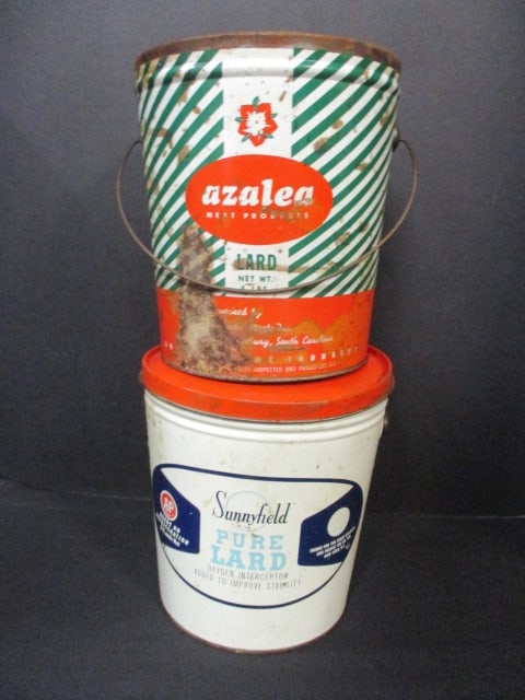 2 Vintage Lard Metal Advertising Cans: 8" and 8", one is missing lid, rust and wear 