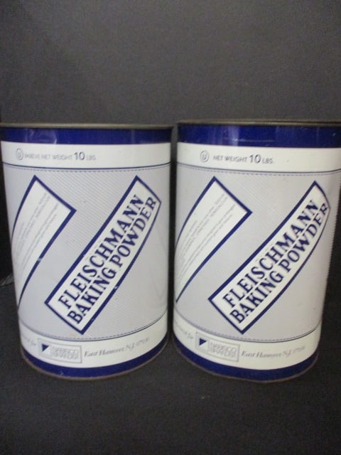 2 Vintage "Fleischmann Baking Powder" Metal Cans: 9 1/4" each, rust and wear 