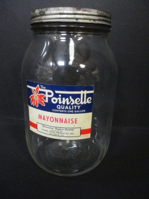 Vintage "The Poinsette Quality Mayonnaise" Glass Jar with Metal Lid: 10" 
