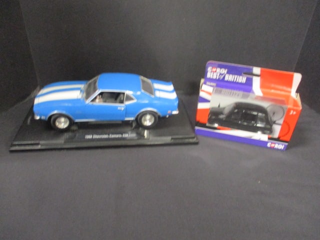 New Old Stock Corgi Best of British Die-Cast Metal Car and Vintage "1968: Chevrolet Camaro Z28" Model Car on Stand 