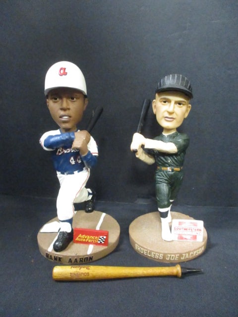 "Shoeless Joe Jackson" and "Hank Aaron" Bobble Head Figurines: Advertising "Southeastern Products" and "Advance Auto Parts" and Souvenir "Dodgers" Wood Bat Pen 