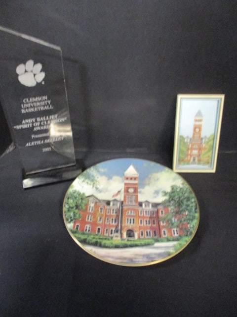 Clemson University Lot - Signed and Numbered "Tillman Hall" Plate,: Vintage "Tillman Hall" Cross-Stitch Framed Picture, and 2003 Basketball Award 