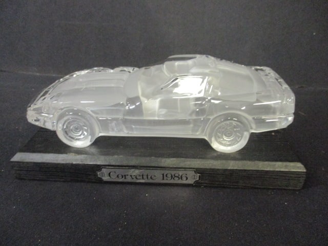 Hofbauer? "1986 Corvette" Crystal Glass Sculpture on Wood Base: 7 1/2" x 3 1/2" x 3" 