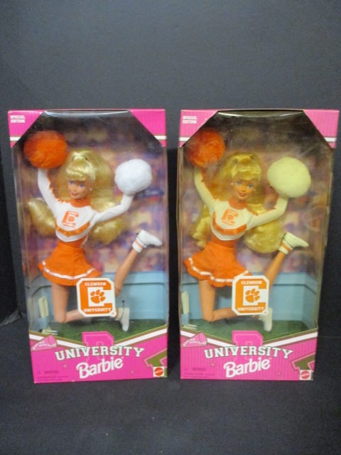 2 New Old Stock "Clemson University" Barbie Dolls #17753: plastic is colored and bent on one box 