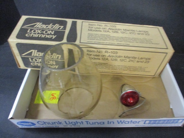 Vintage Aladdin Lox-On Chimney in Original Box, PRR Glass Shade, and: British Bicycle or Small Vehicle Red Tail Light 