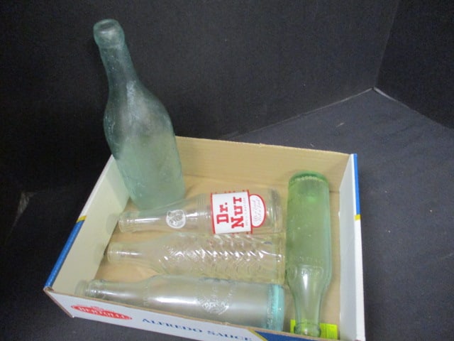 Lot of 5 Vintage Clear and Blue/Green Glass Bottles: includes Coca-Cola, Dr. Nut, etc., see pictures and preview
