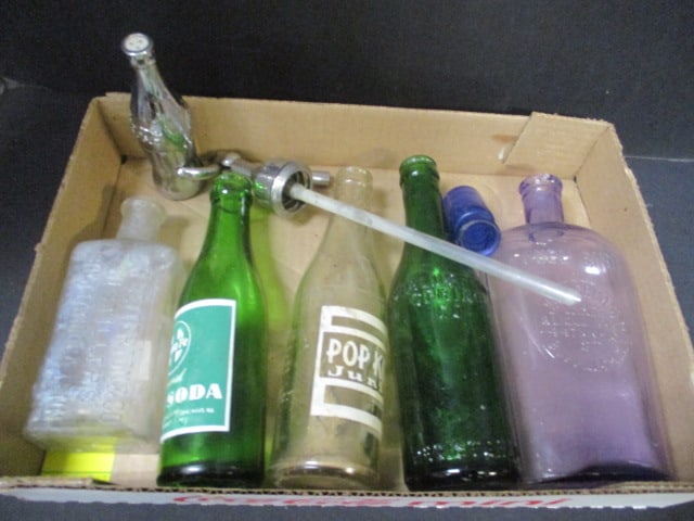 Lot of Vintage Glass Bottles, Seltzer Spout, and Coca-Cola Salt Shaker: see pictures and preview for selection and condition