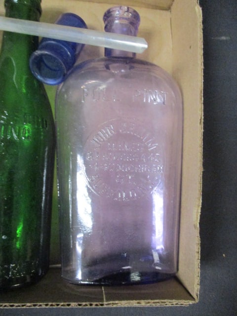 Lot of Vintage Glass Bottles, Seltzer Spout, and Coca-Cola Salt Shaker - 2