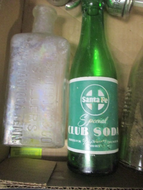 Lot of Vintage Glass Bottles, Seltzer Spout, and Coca-Cola Salt Shaker - 4