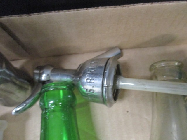 Lot of Vintage Glass Bottles, Seltzer Spout, and Coca-Cola Salt Shaker - 6