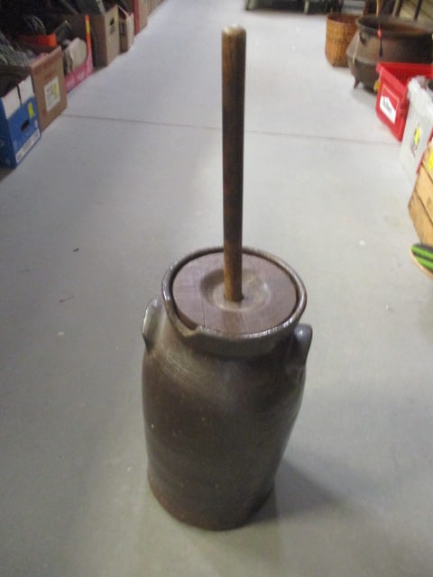 Antique Stoneware Pottery Butter Churn: 30" (to handle) 