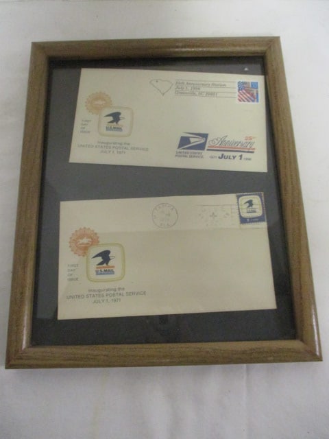 Framed 2 US Post Office "25th Anniversary" 1971 First Day of Service Envelopes: 8 3/4" x 11" 