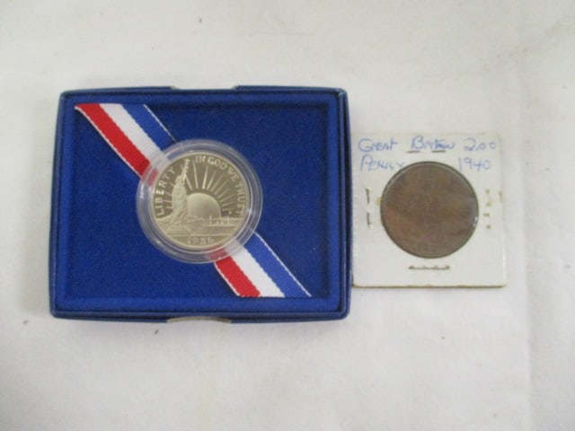 1986 Liberty Half Dollar Coin with COA in Original Box (Copper and Nickel): and 1940 Great Britain Penny 