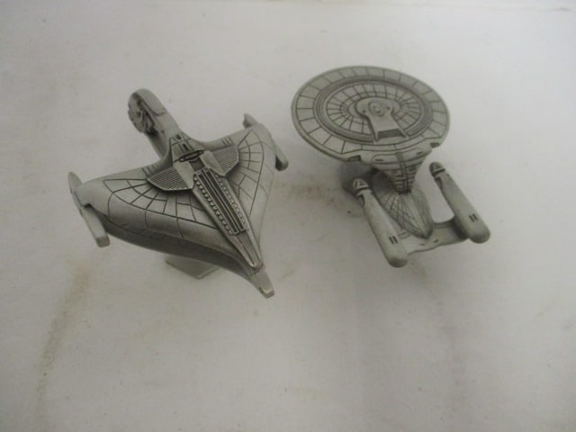 2 Rawcliff Pewter Star Trek Sculptures - "USS Enterprise" and "Romulan Warbird": 1" and 1 3/4" 
