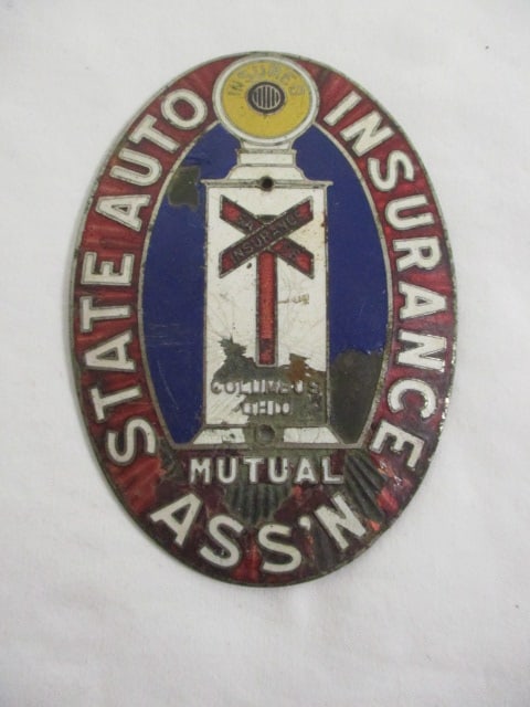 Vintage "State Auto Insurance Ass'n - Columbus, Ohio" Painted Metal Emblem: 3" x 4 1/4", some paint wear 