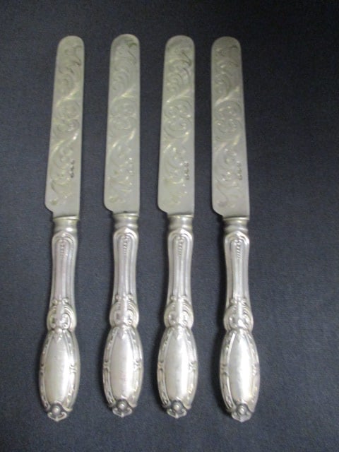 4 Antique Silverplate Etched Knives: 8" each 