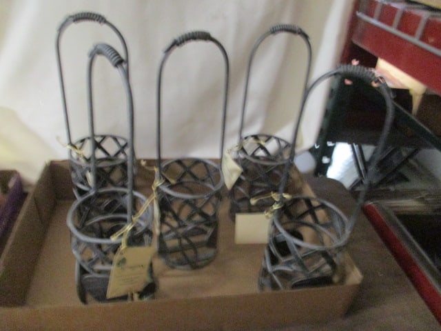 Five Evergreen Mfg. Patina Finish Wrought Metal Candle/Vase/Bottle Holders: 14"h 