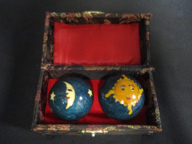 Pair of Cloisonne Style Meditation Balls in Fabric Covered Box: . 