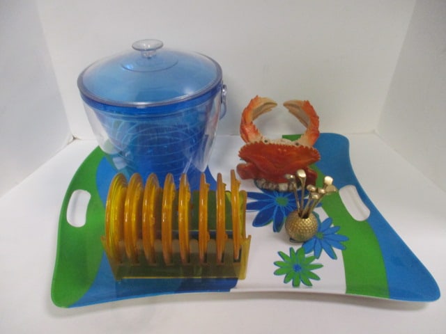 Colorful Serving Tray, Ice Bucket, Sculpted Crab Wine Bottle Holder and: Brass Appetizer Picks 