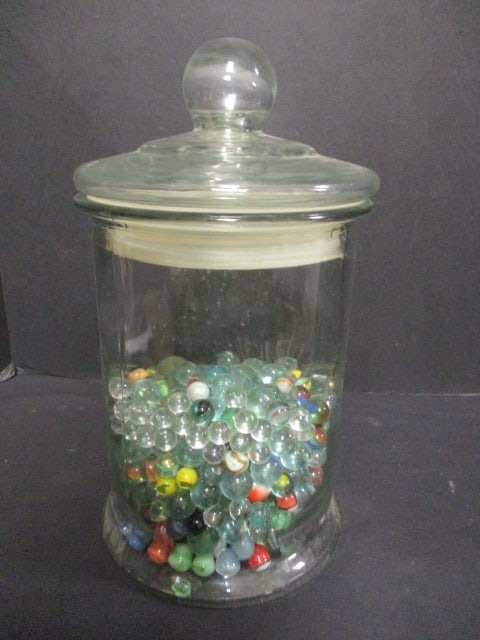 Large Pressed Glass Jar with Marble and Shooters (1 of 5)