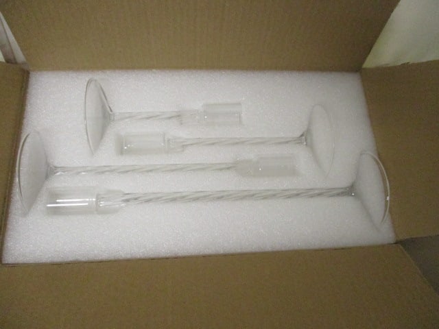 New in Box Hewory Glass 4 Piece Tiered Taper Candle Holders: .