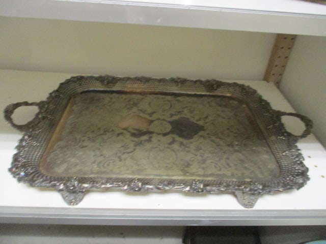 Vintage Arthur Price Victorian Pierced Edge Silverplate Serving Tray: Heavy! 29 1/2"(handle to handle) x 18" x 2 1/2", marked with Pineapple logo and Made in England 