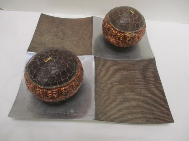 Ganz Bella Casa Aluminum Paneled Square Charger and Pair of Decorative: Orb Candles. Charger 11 1/2" square 