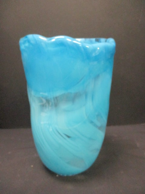 Heavy Turquoise/Clear Swirl Free Form Art Glass Vase: 7"dia x 11 1/4"h, polished ground bottom 