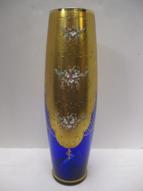 Nello Gigli Venetian Blown Cobalt Blue Glass, Gold Gilt with Raised Floral: Enamel Decorations. 18 1/4"h, has manufacture card