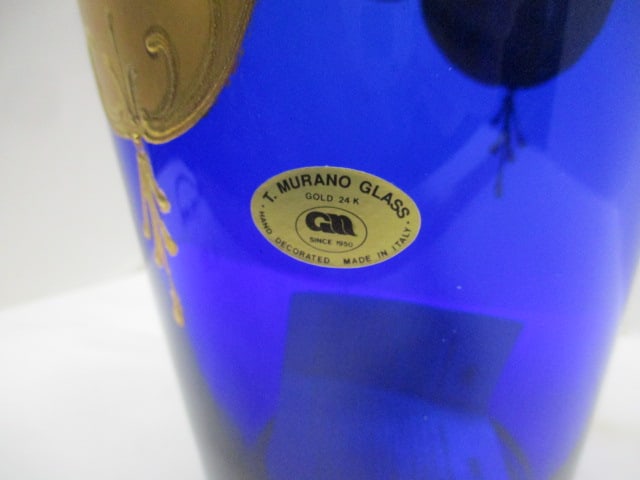 Nello Gigli Venetian Blown Cobalt Blue Glass, Gold Gilt with Raised Floral - 4