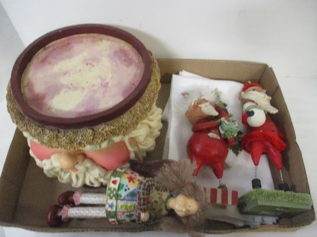 Santa Face Pillar Candle Holder, Linen Bar Towels, Two Janell Berryman Santa Figurines and: Folk Art Style Angel Shelf Sitter