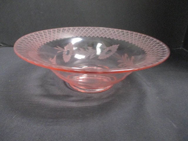 Vintage Etched Pink Depression Glass Bowl: 10 1/2" x 3 1/2" 