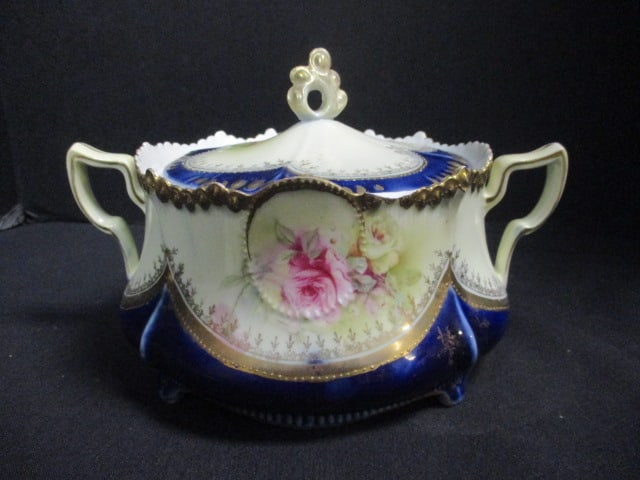 Antique RS Prussia Porcelain Covered Soup Bowl or Biscuit Jar: 9" (to handles) x 6 3/4" 