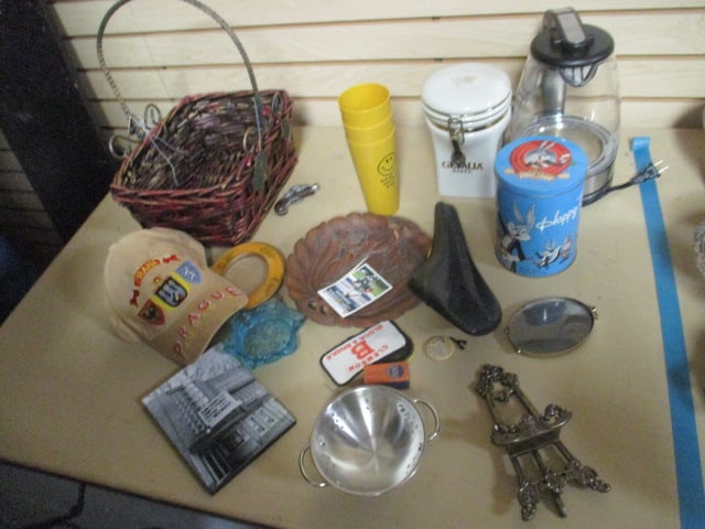 Table Lot - Basket, Trays, Hat, Coffee Pot, Plastic Tumblers, etc.: see pictures and preview for selection and condition 