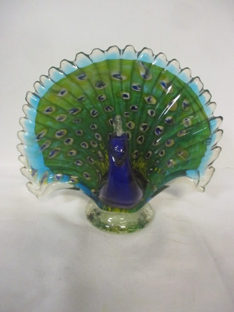 Murano Style Colorful Peacock Art Glass Figurine: 7 1/4" 